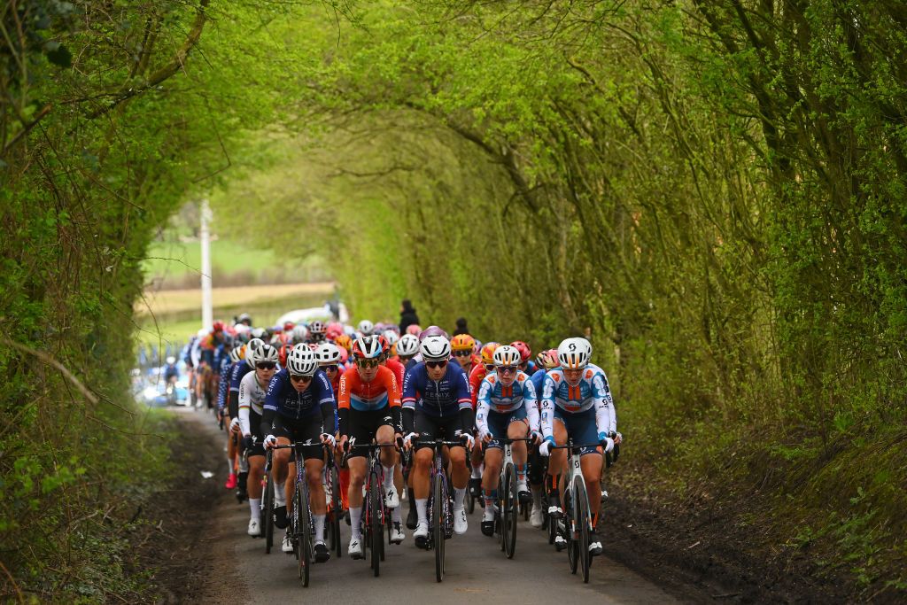 WEVELGEM BELGIUM MARCH 24 LR Julie De Wilde of Belgium and Team FenixDeceuninck Christine Majerus of Luxembourg and Team SD WorxProtime Christina Schweinberger of Austria and Team FenixDeceuninck Charlotte Kool of The Netherlands and Franziska Koch of Germany and Team DsmFirmenich Postnl compete during the 13rd GentWevelgem in Flanders Fields 2024 Womens Elite a 1712km one day race from Ieper to Wevelgem UCIWWT on March 24 2024 in Wevelgem Belgium Photo by Luc ClaessenGetty Images