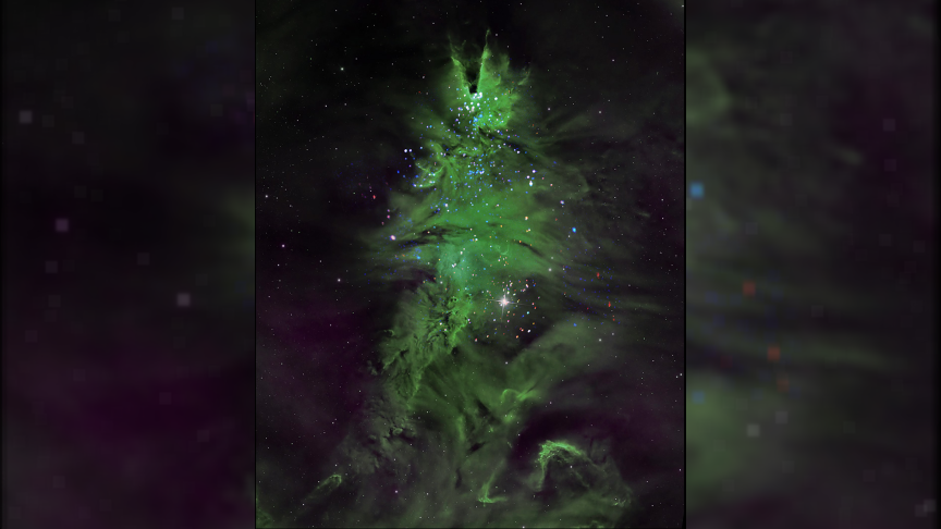 green gases in space look like a christmas tree.