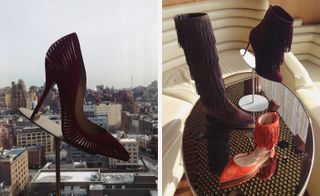 Glamorous shoe collection viewed from The Standard hotel's Boom Boom Room with a selection of designer shoes on a round glass table