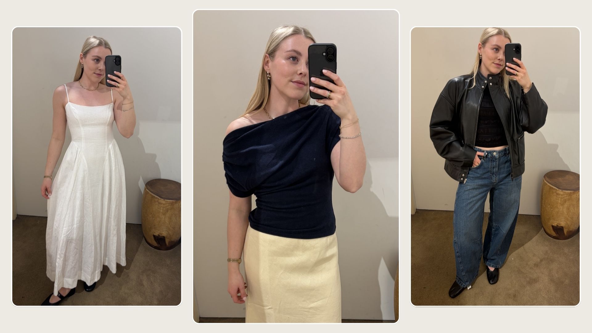 Woman wears white dress and ballet flats; woman wears navy top and yellow skirt; woman wears leather jacket and blue jeans