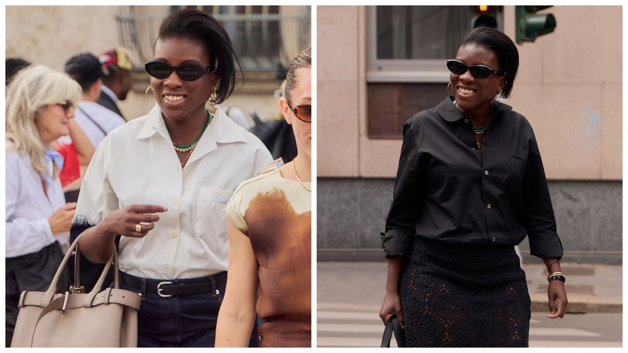 collage of nikki ogunnaike wearing a white button-down shirt and a black button-down shirt 