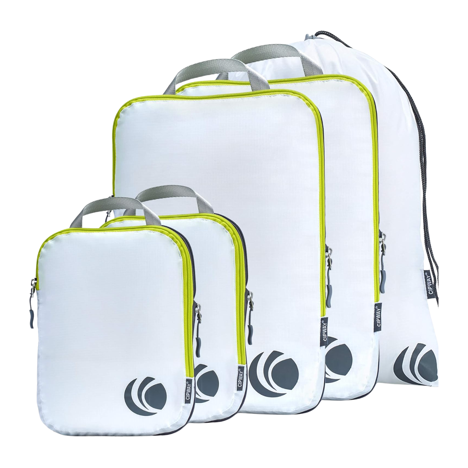 A set of white and neon green lined packing cubes