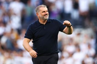 Ange Postecoglou Tottenham Hotspur manager fist pumps the crowd at the Stadium