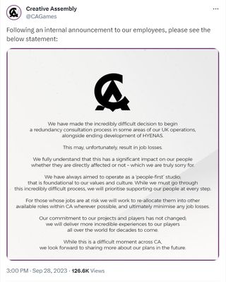 A statement from Creative Assembly.