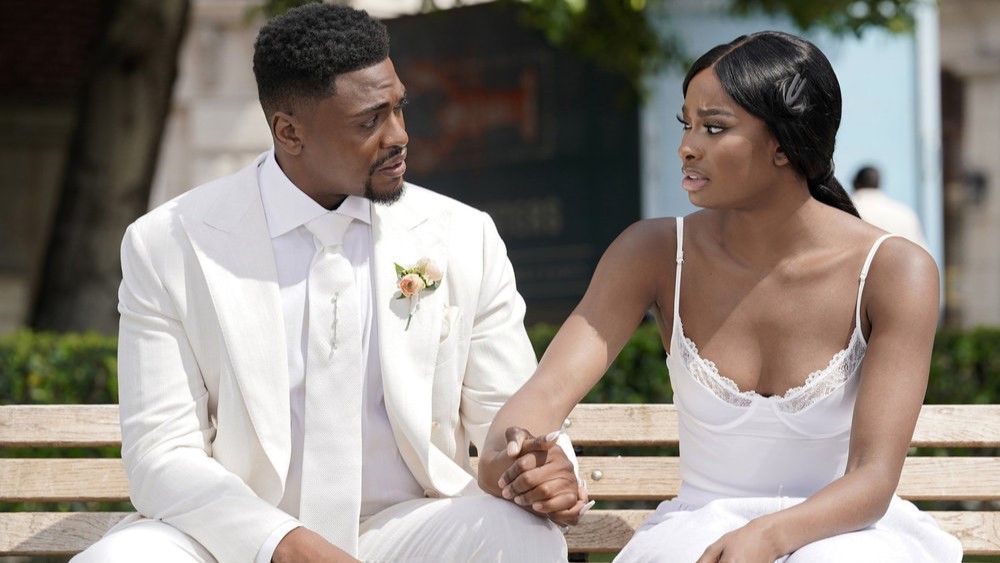 Justin Cornwell as Lamarcus and Coco Jones as Hilary in all white in the Bel-Air season 3 finale 