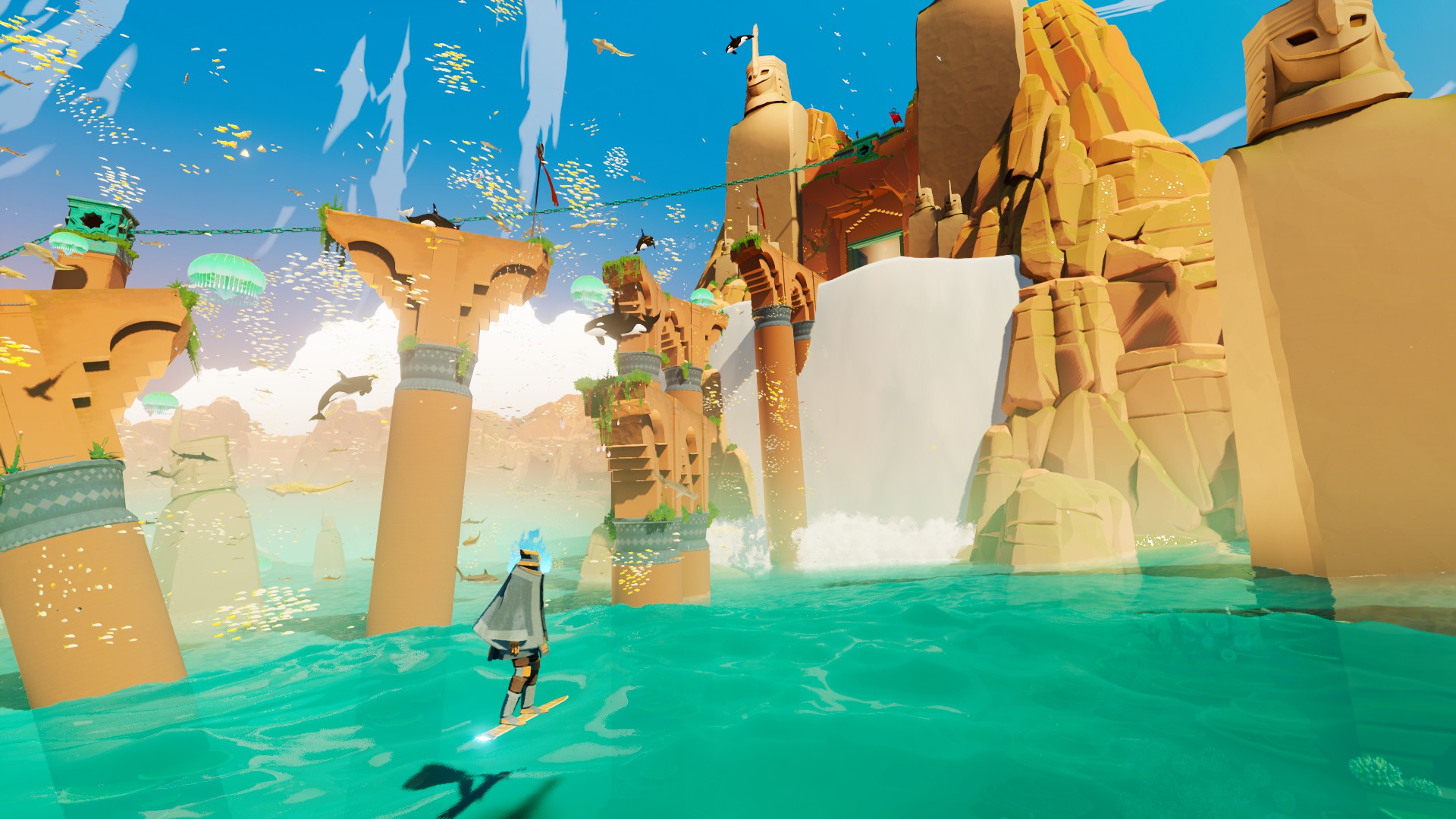 Water pours into a once dry area in Sword of the Sea, with fish flying through the air - the player looks on, floating above the water on their hoverboard sword