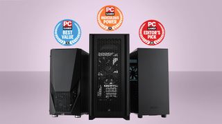 Най -добрият заглавие на Gaming PC Build Header с три PC шаси на лилав фон с компютърни значки за геймър