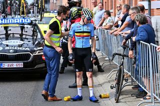 LEUVEN BELGIUM SEPTEMBER 24 Stan Van Tricht of Belgium injured after being involved in a crash during the 94th UCI Road World Championships 2021 Men U23 Road Race a 1609km race from Antwerp to Leuven flanders2021 on September 24 2021 in Leuven Belgium Photo by Dirk Waem PoolGetty Images