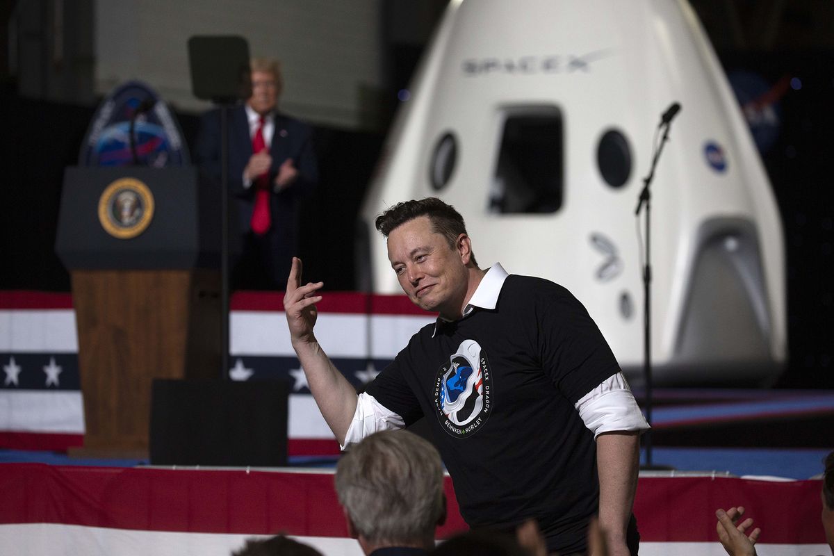 SpaceX founder and CEO Elon Musk celebrates the successful launch of the SpaceX Crew Dragon Demo-2 mission at NASA&#039;s Kennedy Space Center in Florida, on May 30, 2020.