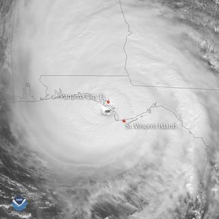 The northern eyewall of Hurricane Michael comes ashore between St. Vincent Island and Panama City, Florida, on Oct. 10, 2018.