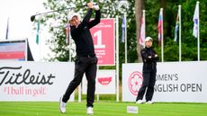 England Golf performance director Nigel Edwards hits a drive on the first tee of the Women's English Open in 2026