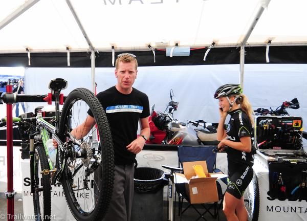 Matty Opperman preps Emily Batty's bike in the Subaru-Trek tent
