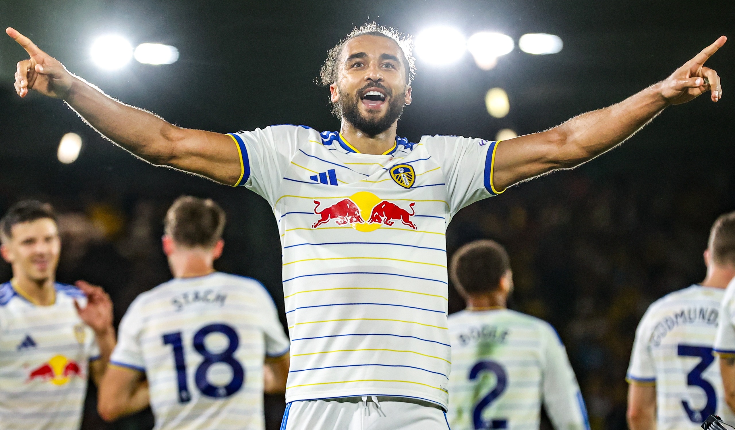 Dominic Calvert-Lewin of Leeds United celebrates his goal to make it 3-0 during the Premier League match against Newcastle United at Elland Road in Leeds, United Kingdom, on September 14, 2026