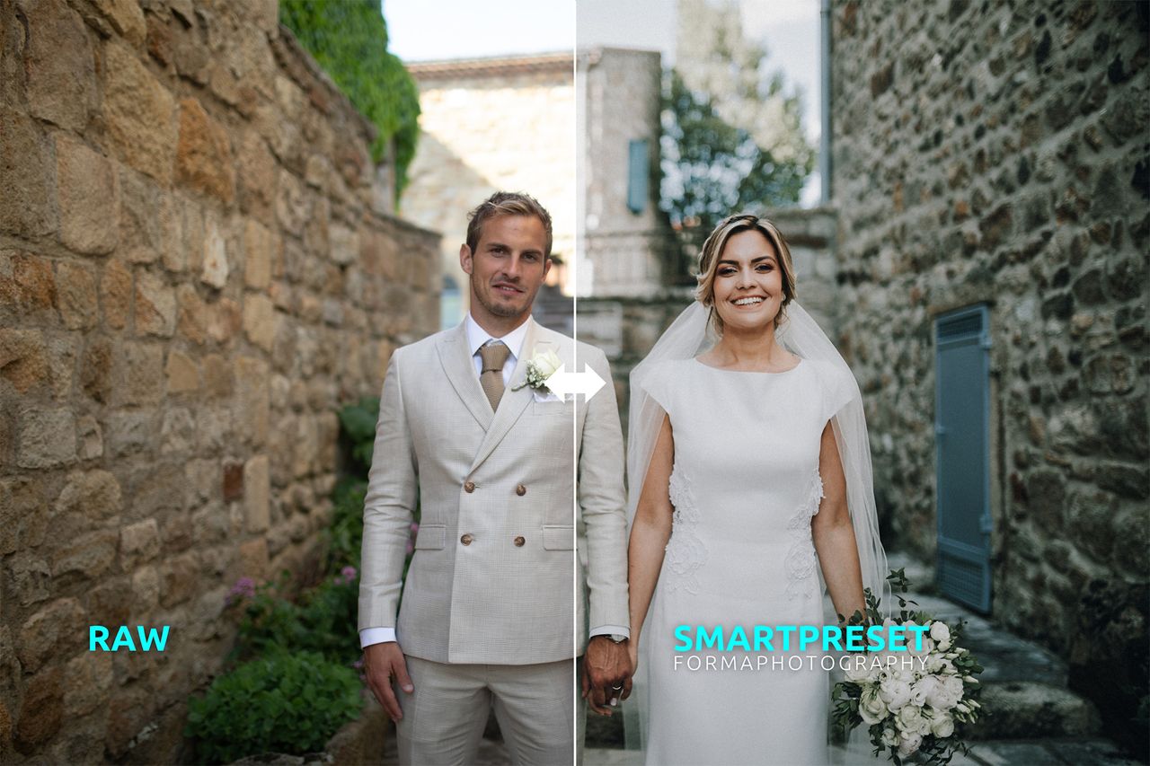 Neurapix before and after of groom and bride hand-in-hand walking through a stone-brick avenue