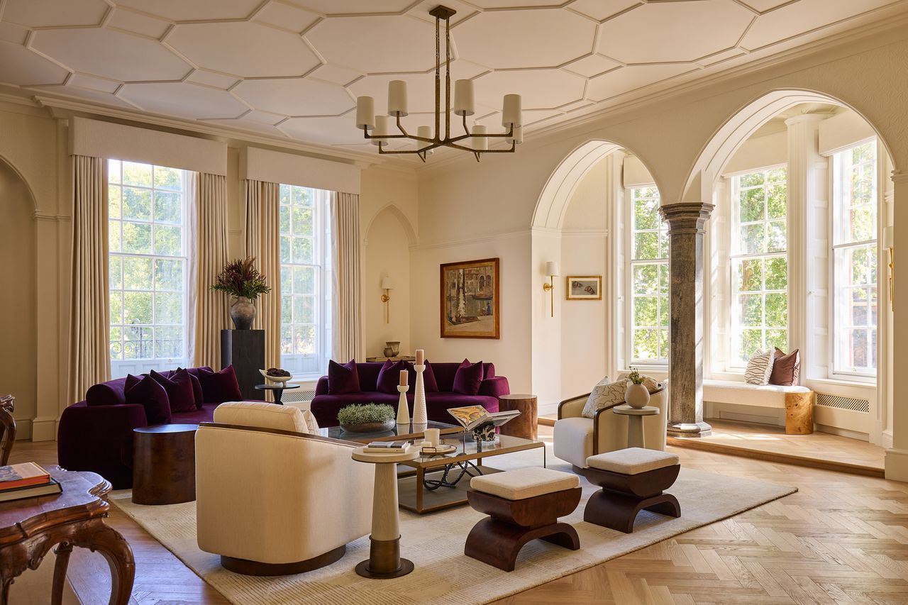 The first-floor sitting room decorated by Martin Kemp juxtaposing modern silhouettes while maintained original detailing