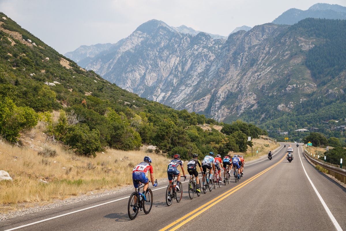 The breakaway heads to the base of Little Cottonwood Canyon during stage 5 at the Tour of Utah