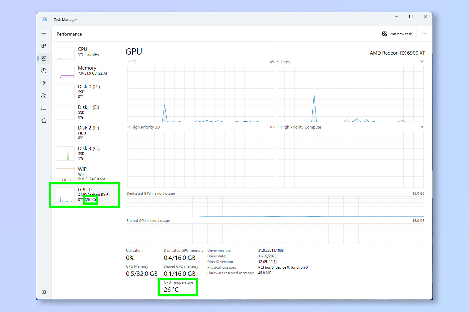 A screenshot showing how to check GPU Temps on Windows