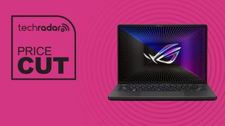 Asus ROG Zephyrus G14 on magenta background with price cut text overlay
