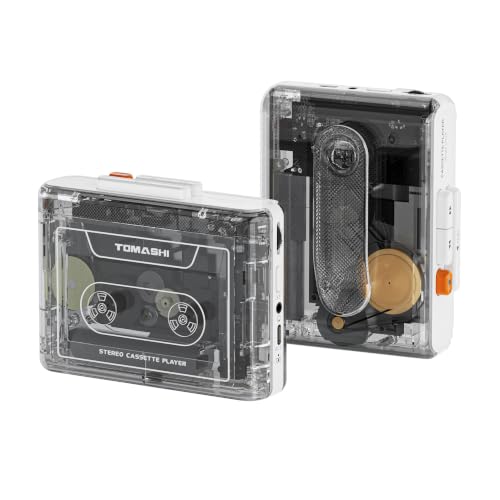 Tomashi Portable Cassette Player With Bluetooth Transmitter, Cassette Stereo Player With Type-C Charging, Built-In Battery, Belt Clip, and Earphone Jack for Wireless Music Playback (crystal Clear)