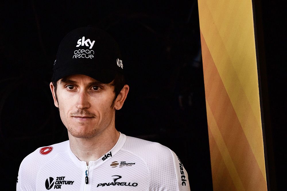 Geraint Thomas (Team Sky) waits for the podium presentation after winning stage 11 in la Rosiere