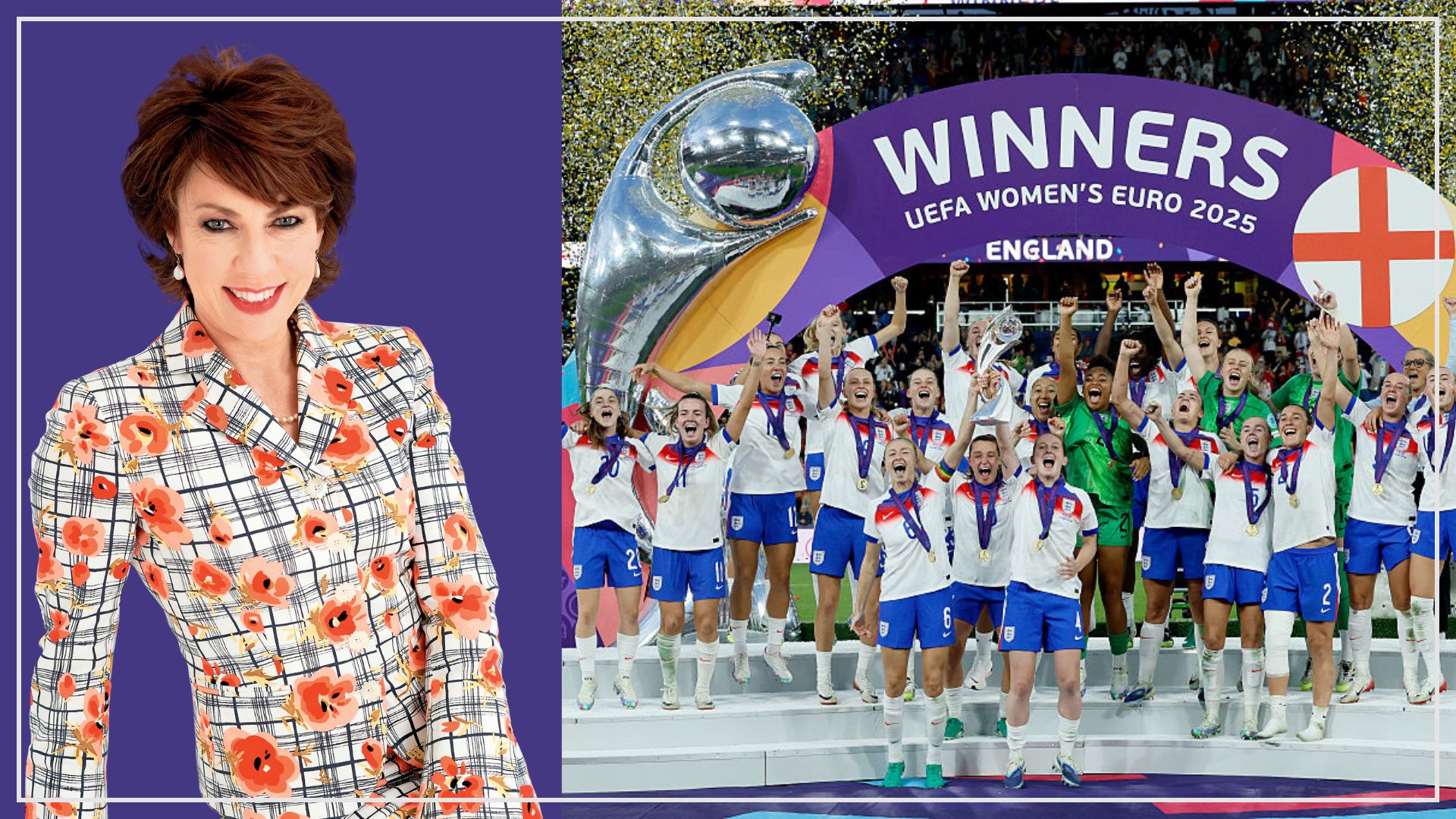 Kathy Lette on left, Lionesses holding Euro trophy 