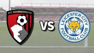 The AFC Bournemouth and Leicester City club badges on top of a photo of the Vitality Stadium in Bournemouth, England