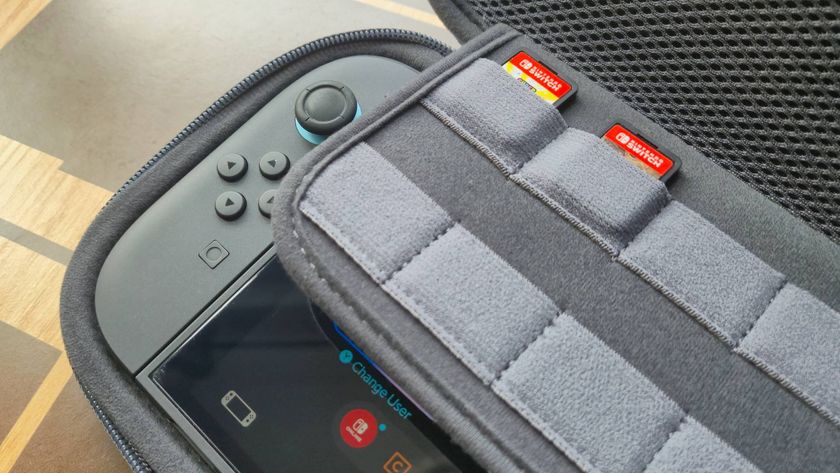 Photo by Rosalie Newcombe of the Belkin Carrying Case with a Nintendo Switch 2 inside, and two games in the game storage slots.