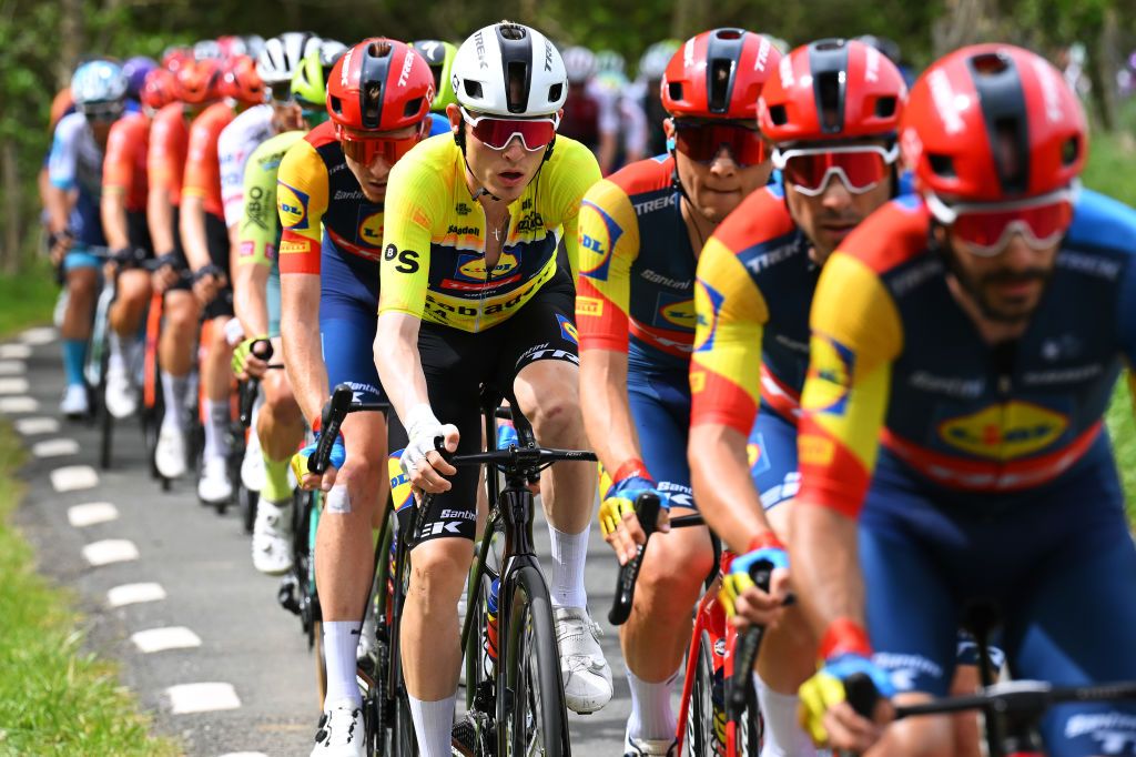 EIBAR SPAIN APRIL 06 Mattias Skjelmose of Denmark and Team Lidl Trek Yellow Leader Jersey competes during the 63rd Itzulia Basque Country 2024 Stage 6 a 1378km stage from Eibar to Eibar UCIWT on April 06 2024 in Eibar Spain Photo by Tim de WaeleGetty Images
