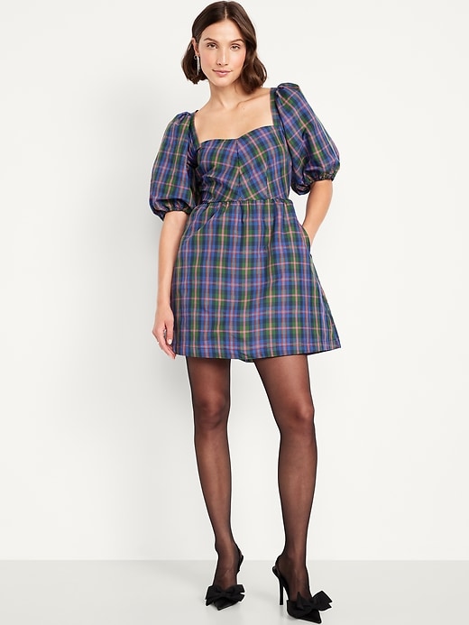 Puff-Sleeve Plaid Fit &amp;amp; Flare Taffeta Mini Dress