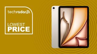 The Apple iPad Air 11-inch on a yellow background with text saying Lowest Price.