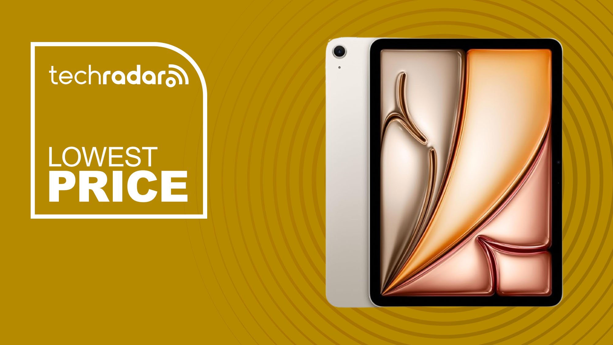 The Apple iPad Air 11-inch on a yellow background with text saying Lowest Price.