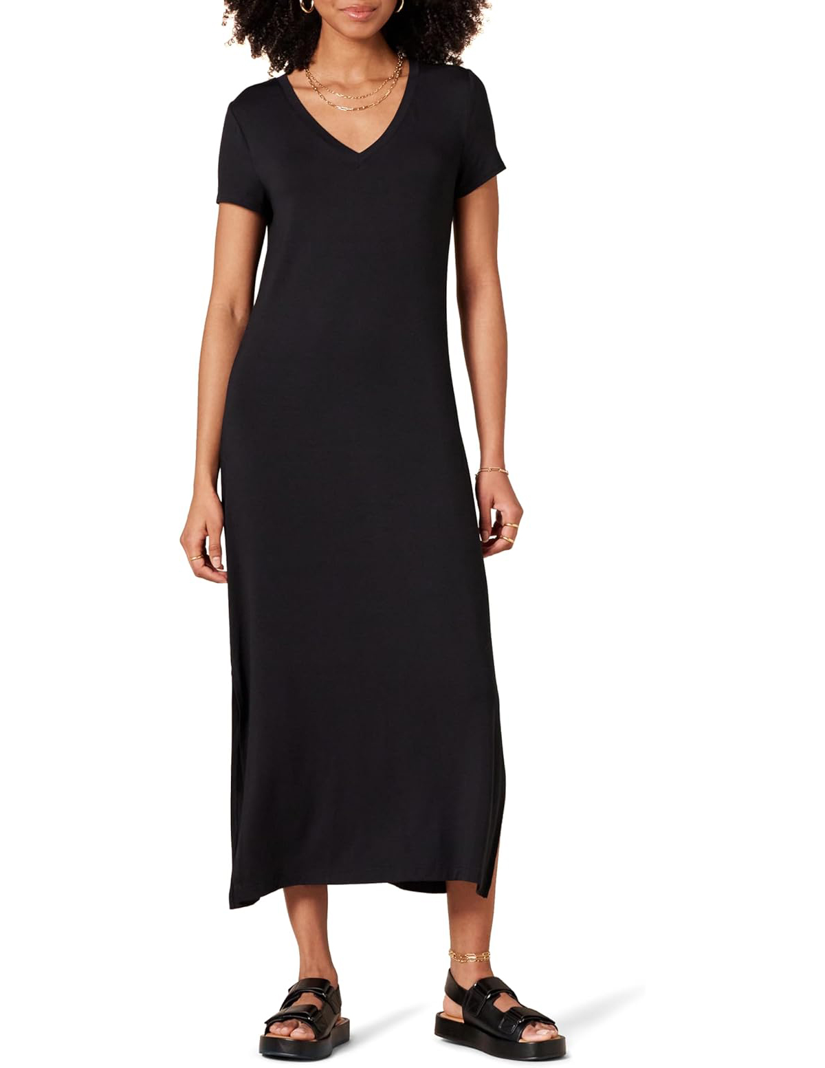 Amazon Essentials, Amazon Essentials Women's Jersey V-Neck Short Sleeve Midi Length Dress, Black, Medium