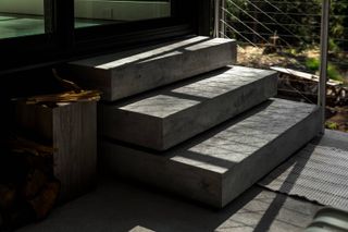 Concrete steps leading up to forest retreat