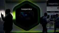 Kaspersky is displayed on a screen in Moscow, Russia