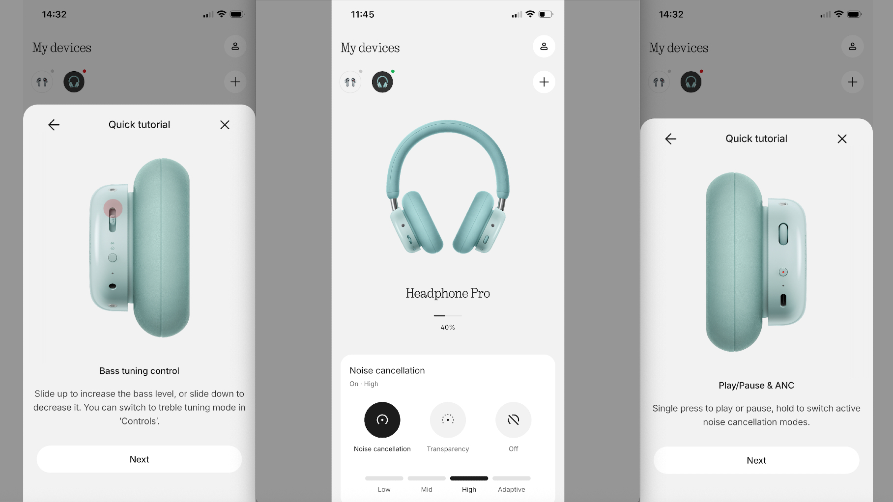 CMF Headphone Pro: three screen-grabs of the Nothing X app