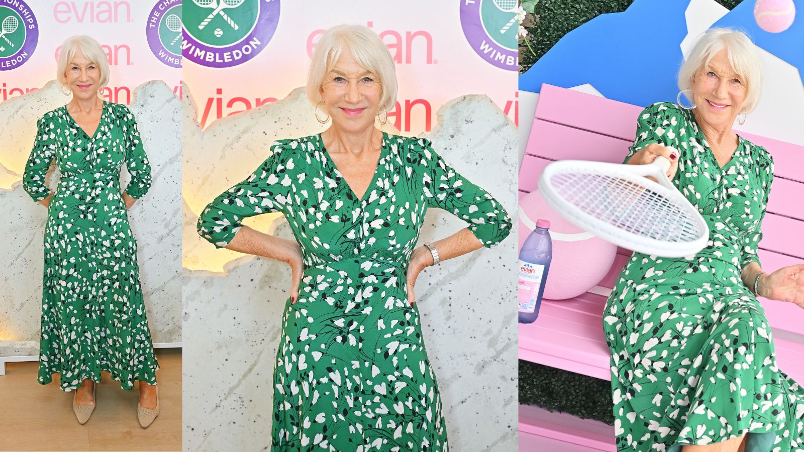 Helen Mirren Wimbledon at the Evian 'Mountain of Youth' VIP suite in a green dress with white and black print