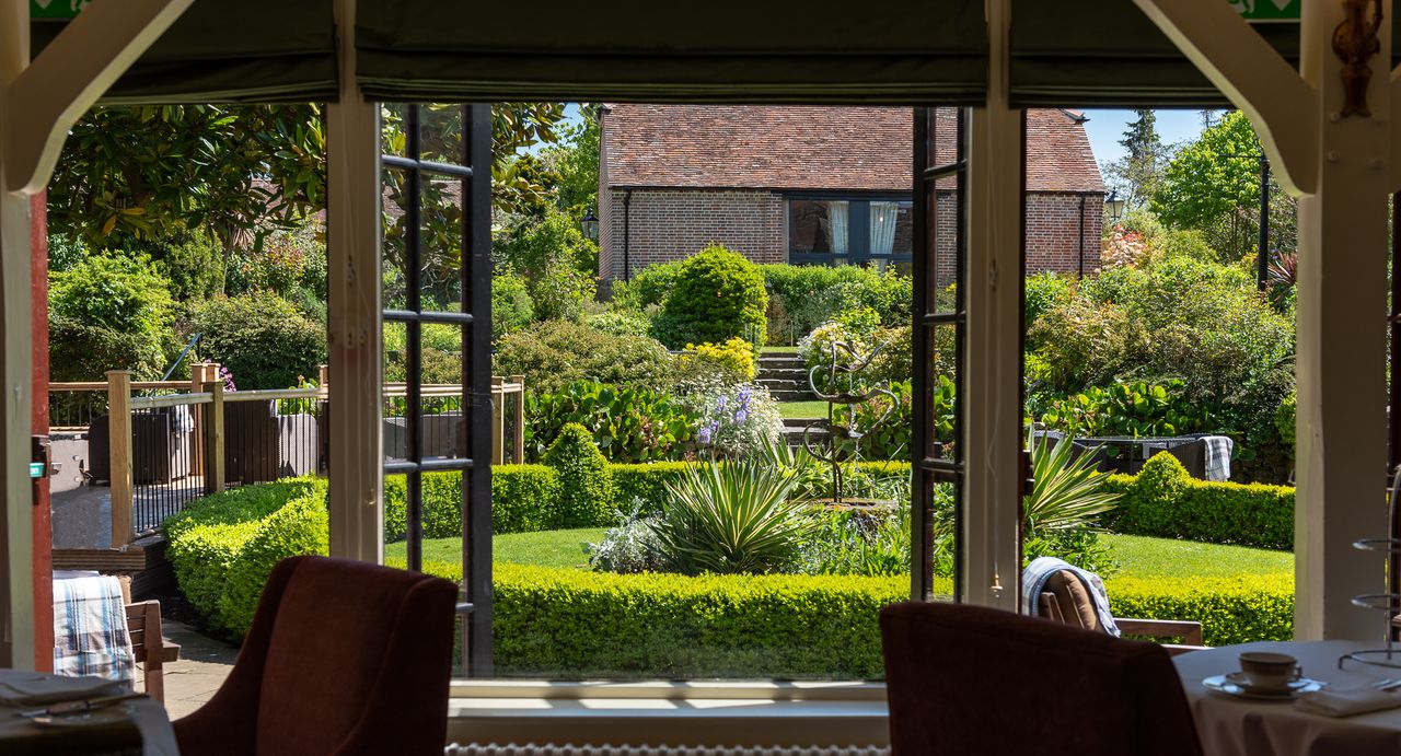 The view from the restaurant at The Montagu Arms looking out into the hotel's gardens