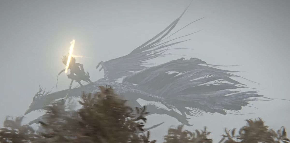 Zoomed in shot of dragon riding boss enemy from Elden Ring Nightreign's debut trailer, showing similarities to Elden Ring's Nameless King