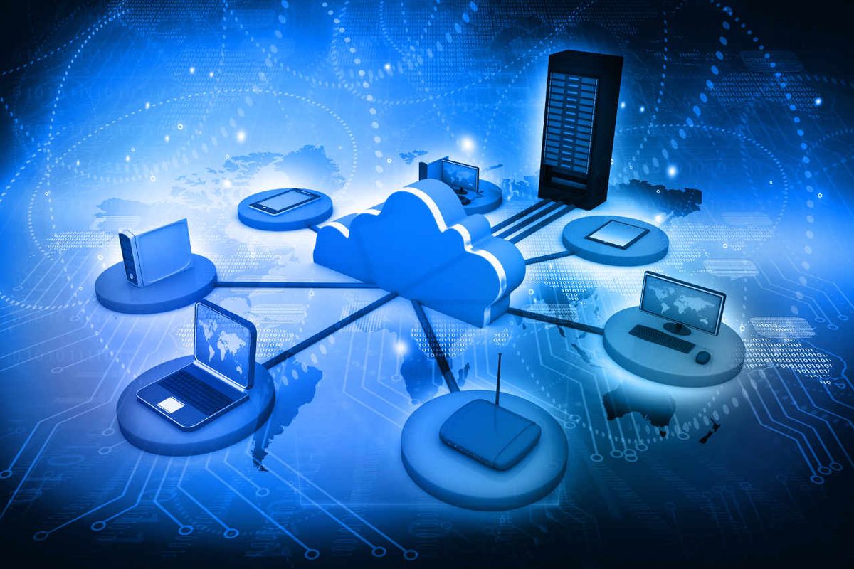 Illustration: Various computers, cell phones and other devices are linked through a cloud