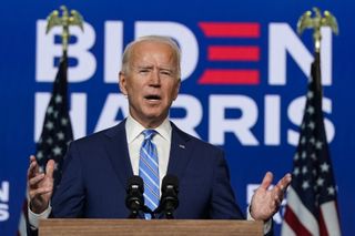 Joe Biden, the Democratic nominee for president, speaks to supporters on election night in Wilmingon, Del., as votes continued to be counted in his tight race against President Donald Trump. 