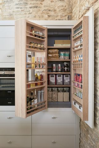 Kitchen pantry with spices, herbs and dried goods inside