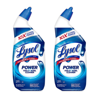 Two blue bottles of Lysol toilet cleaner