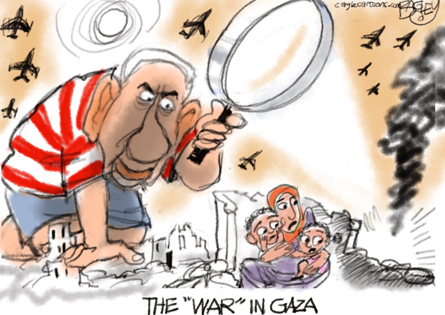 This cartoon is titled The &amp;ldquo;War&amp;rdquo; in Gaza. It depicts an oversized Bibi Netanyahu towering over a city in ruins. He holds a magnifying glass and is using it to direct a beam of destructive light that creates more ruins near a woman in a hijab who is hugging two children, afraid.