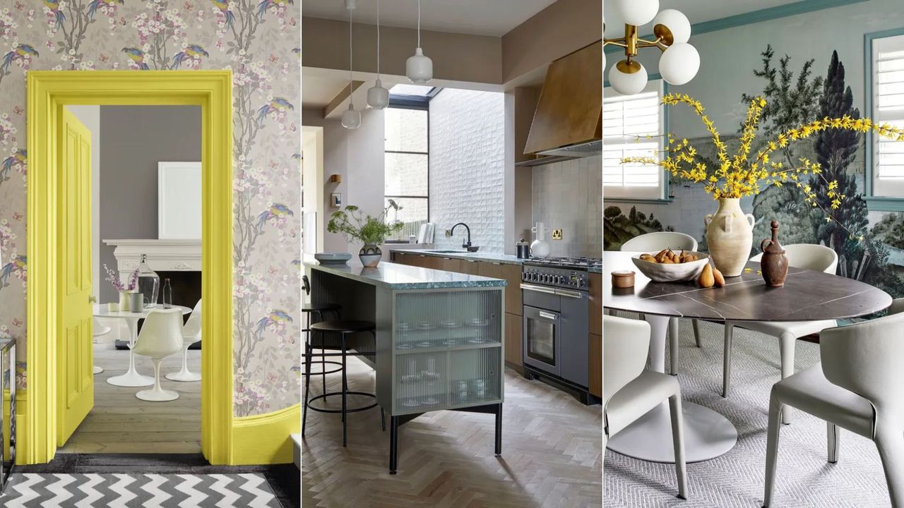 Three rooms, one a dining room with a yellow doorway, one a kitchen with island, one a dining table with flowers