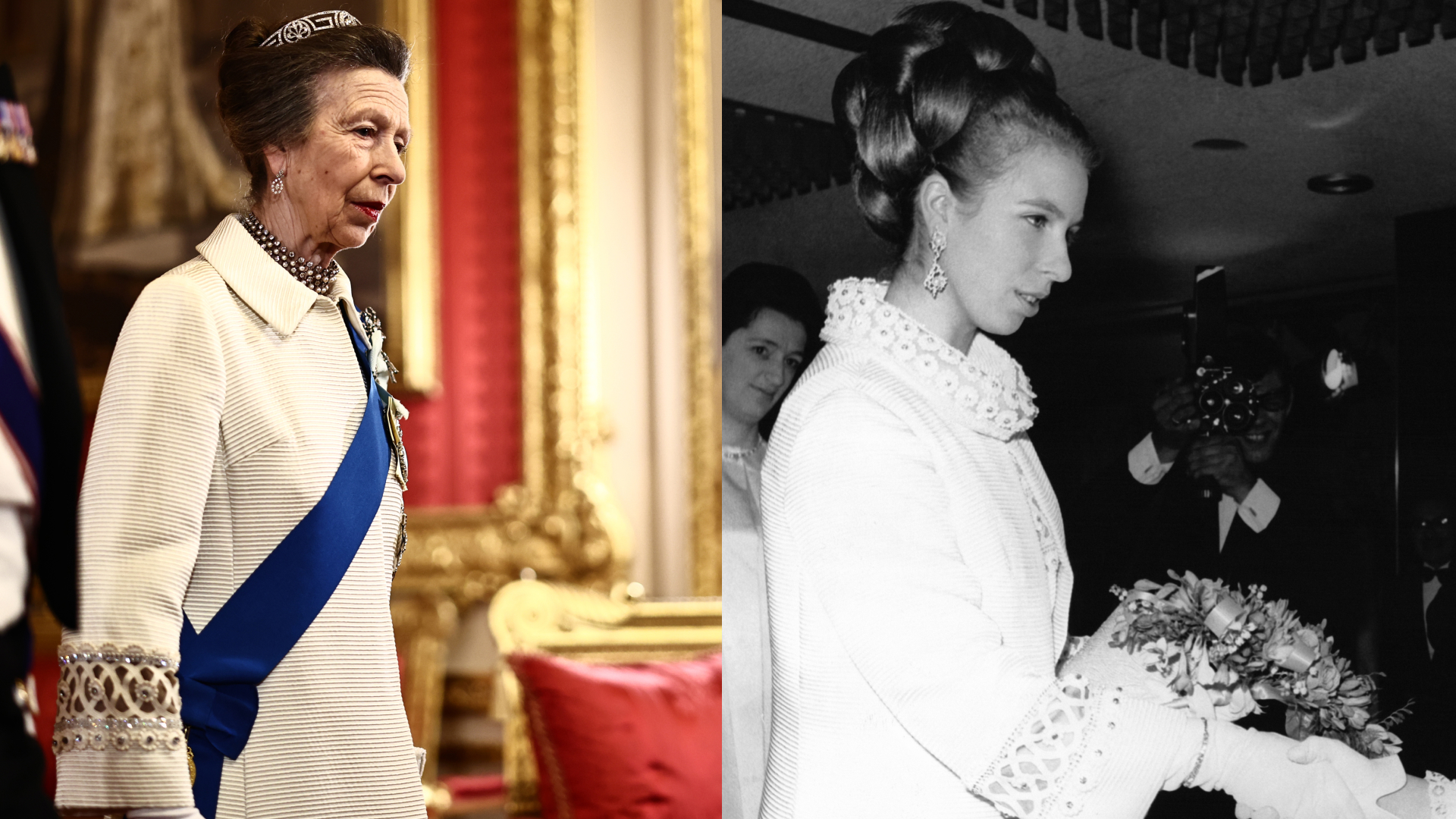 Princess Anne wearing an ivory coat and tiara; Princess Anne wearing the same coat shaking a girl's hand in 1969