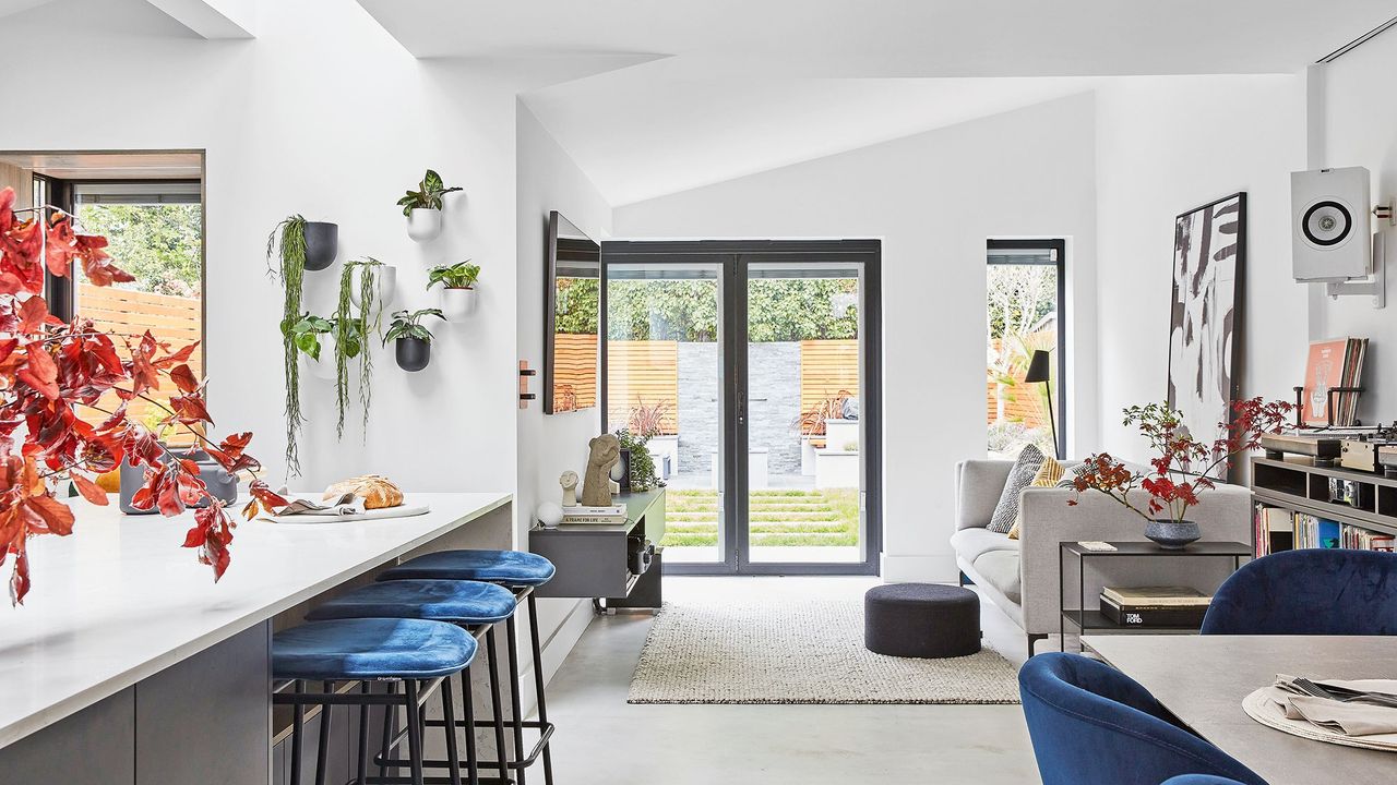 house interior with white wall living room glass door and plants on wall