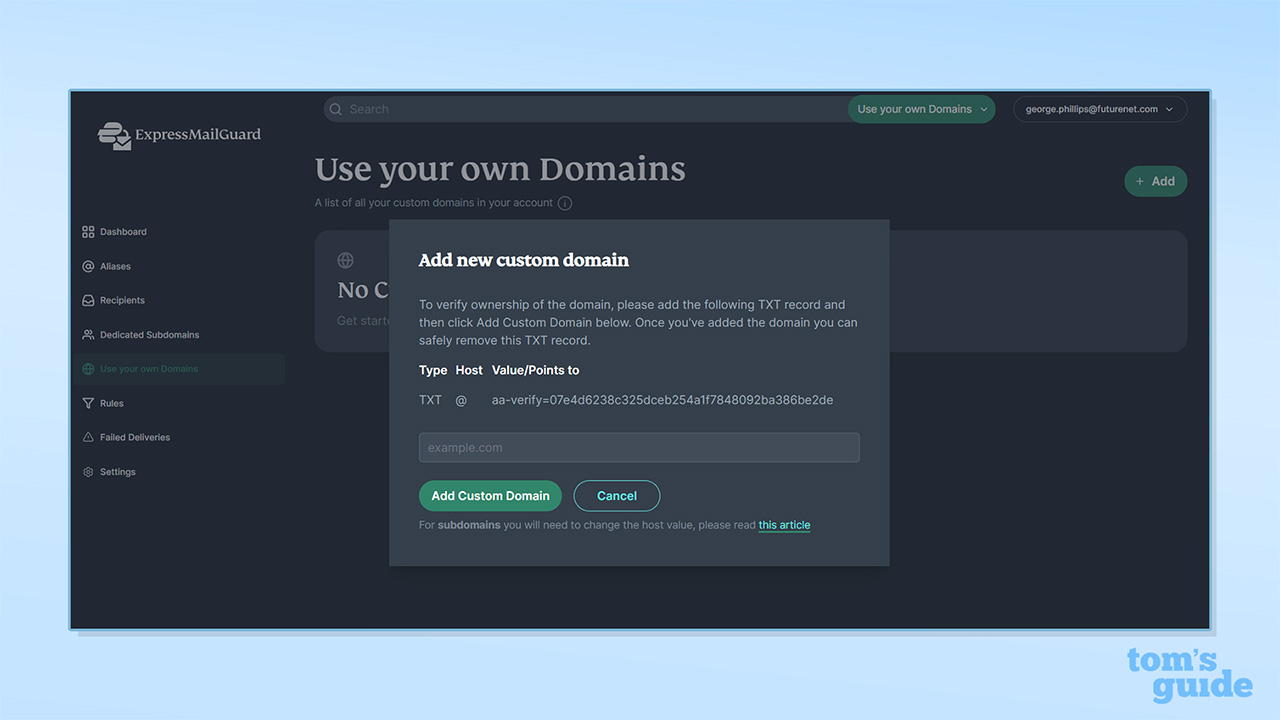 Screenshot of ExpressMailGuard custom domain set-up