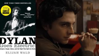 Dylan Goes Electric book and Timothee Chalamet in A Complete Unknown