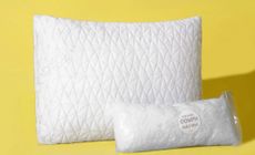 The best pillow: The Coop Home Goods Adjustable Pillow for sleeping, placed on a yellow background