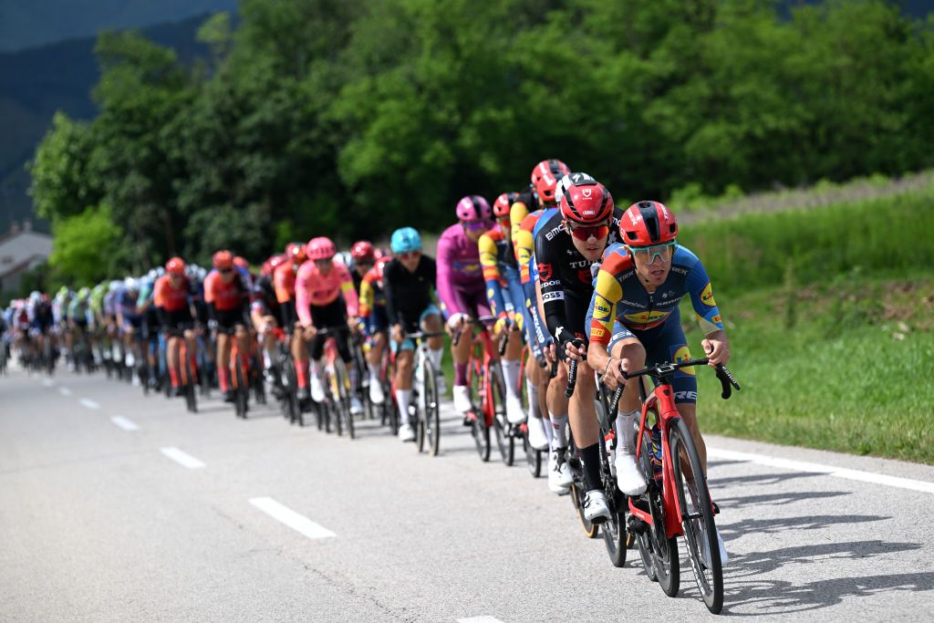PADOVA ITALY MAY 23 LR Florian Stork of Germany and Tudor Pro Cycling Team and Juan Pedro Lopez of Spain and Team Lidl Trek lead the peloton during the 107th Giro dItalia 2024 Stage 18 a 178km stage from Fiera di primiero to Padova UCIWT on May 23 2024 in Padova Italy Photo by Tim de WaeleGetty Images